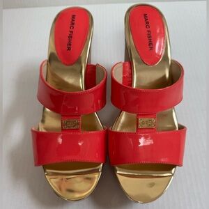 Marc Fisher Coral/Red and Gold Women's cork wedge Sandals. NEW in box. Size 8